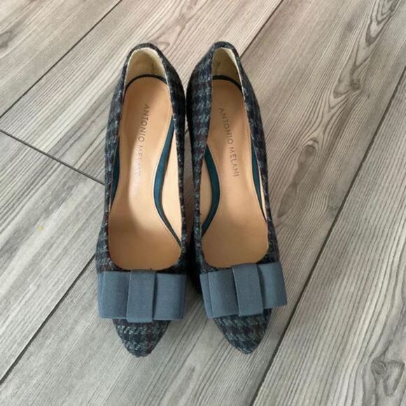 Caylee Blue Wool Pointed Toe Bow Heel Shoes‎ - Picture 2 of 8